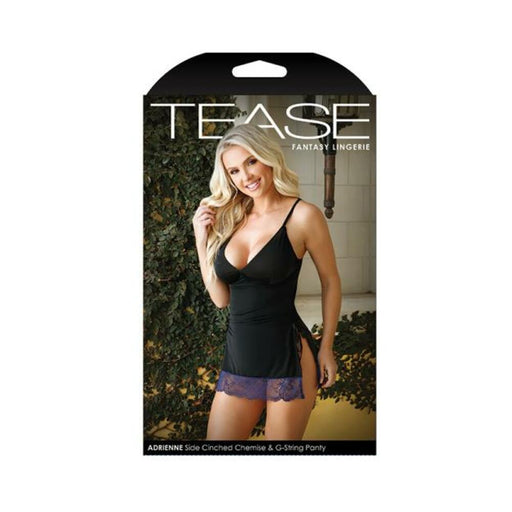 Tease Adrienne Side-cinched Microfiber Chemise With Floral Lace Trim & G-string Panty Black M/l | SexToy.com