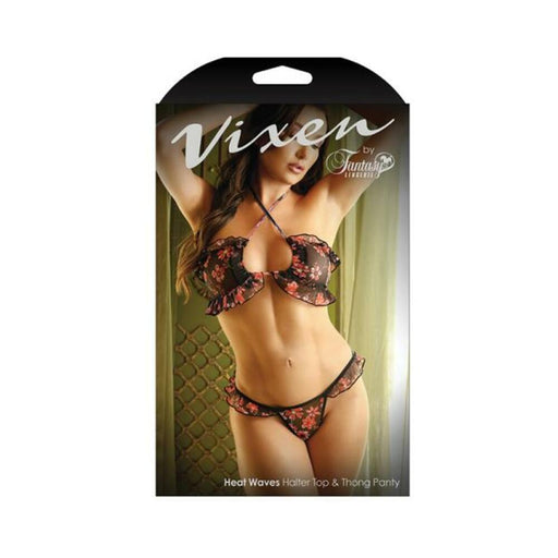 Vixen Heat Waves Floral Print Ruffled Bralette & Matching Thong Panty Black L/xl | SexToy.com