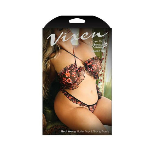 Vixen Heat Waves Floral Print Ruffled Bralette & Matching Thong Panty Black Queen | SexToy.com
