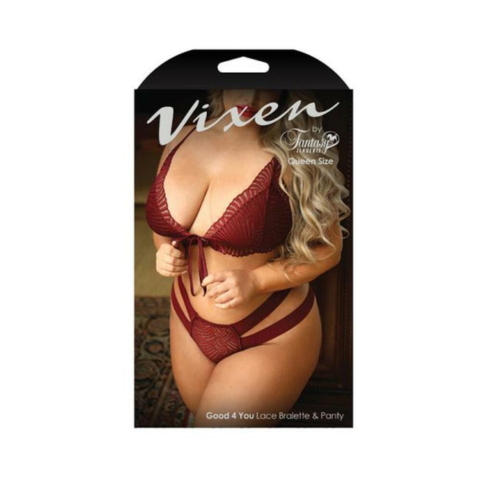 Vixen Good 4 You Lace Triangle Bralette & Matching Panty With Double-strap Waistband Burgundy Queen | SexToy.com