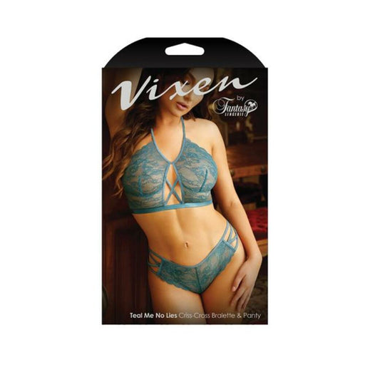 Vixen Teal Me No Lies Criss-cross Lace Halter Bralette & Matching Panty Teal L/xl | SexToy.com