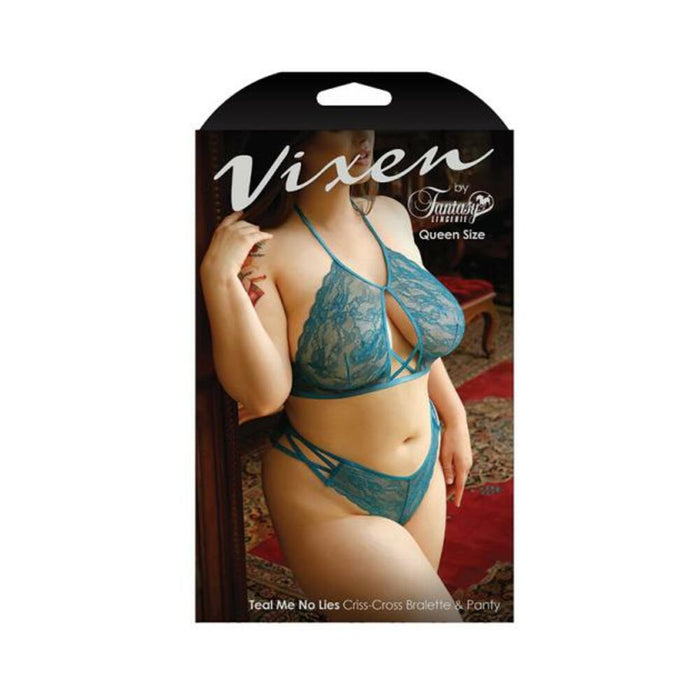 Vixen Teal Me No Lies Criss-cross Lace Halter Bralette & Matching Panty Teal Queen | SexToy.com