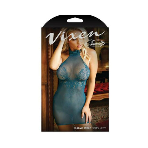 Vixen Teal Me When Halter Net Dress With Floral Lace Design Teal O/s | SexToy.com
