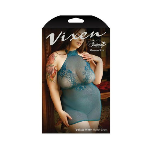 Vixen Teal Me When Halter Net Dress With Floral Lace Design Teal Queen | SexToy.com