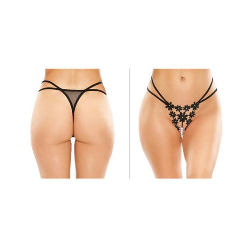 Aster Crotchless Strappy Flower Pearl Thong Black S/m | SexToy.com