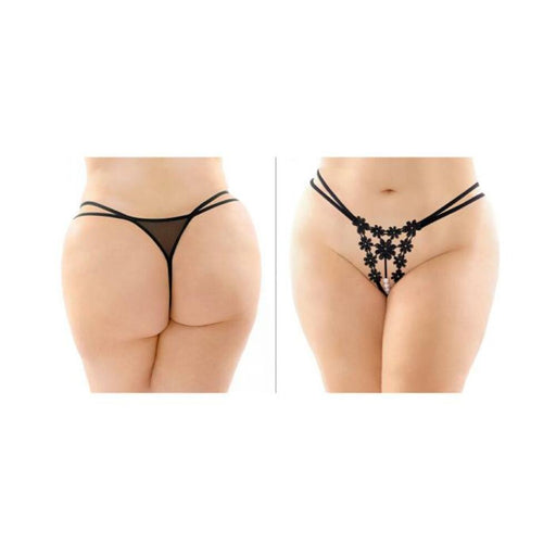 Aster Crotchless Strappy Flower Pearl Thong Black Queen | SexToy.com