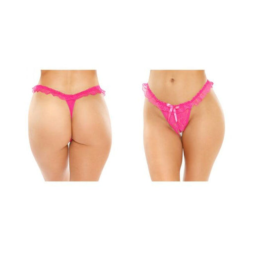 Flora Ruffled Lace Crotchless Pearl Thong Pink S/m | SexToy.com