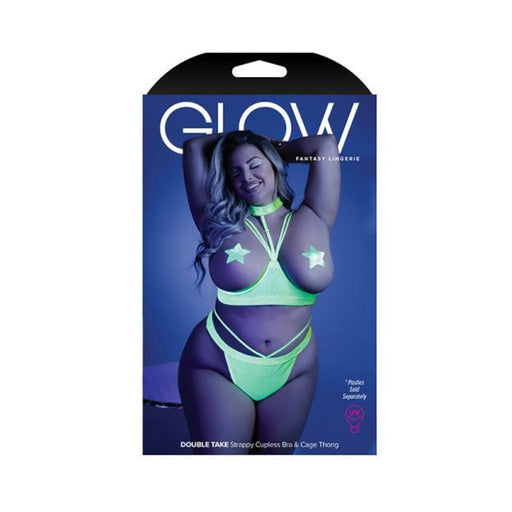 Glow Double Take Strappy Harness Open-shelf Bra & Cage Thong Neon Lemon Qs | SexToy.com