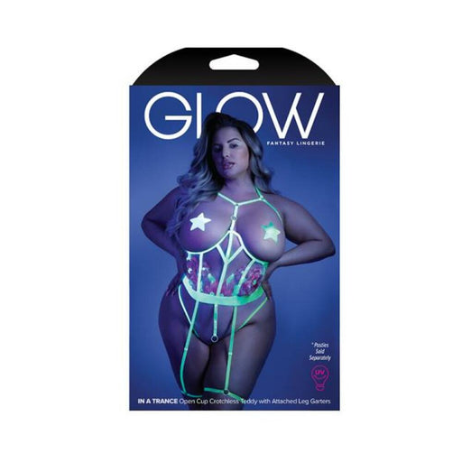 Glow In A Trance Floral Embroidered Open-cup Crotchless Teddy With Attached Leg Garters Neon Chartre | SexToy.com