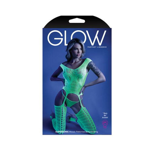 Glow Supersonic Mosaic Pattern Gartered Bodystocking Neon Green Os | SexToy.com