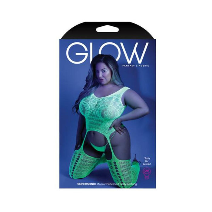 Glow Supersonic Mosaic Pattern Gartered Bodystocking Neon Green Qs | SexToy.com