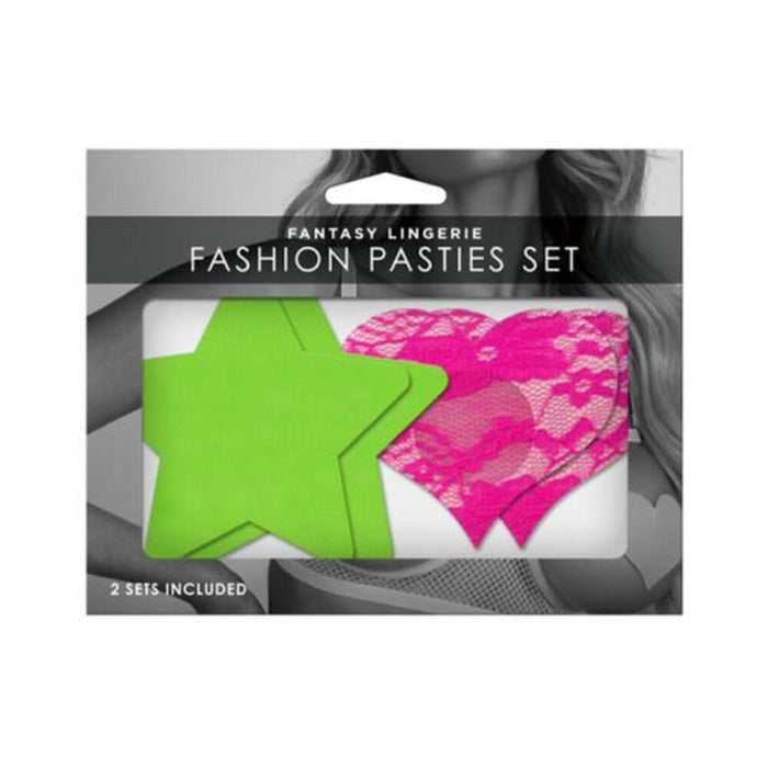 Neon Pasties 2-pack Neon Green Solid Star Neon Pink Lace
