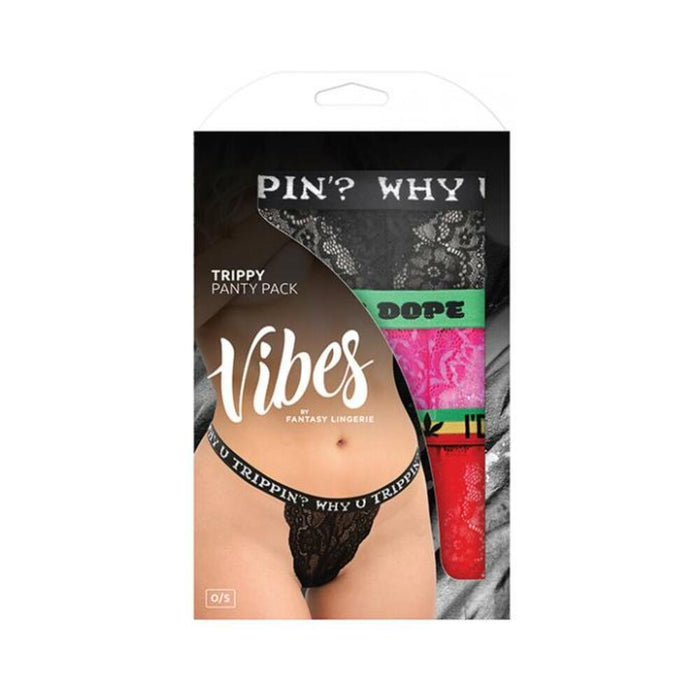 Fantasy Lingerie Vibes Trippy Vibes Pack 3-piece Lace Thong Panty Set Black/red/pink O/s