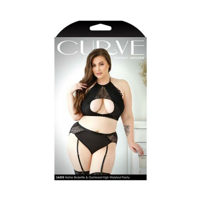 Curve Sadie Halter Bralette With Keyhole Cutout & Matching Gartered High-waisted Panty 1x/2x Black