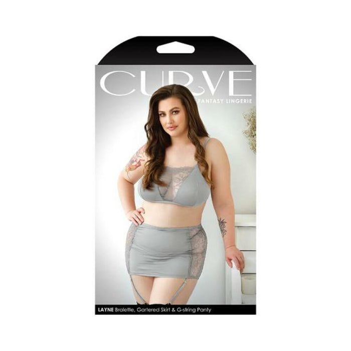 Curve Layne Lace Panel Bralette, Matching Gartered Skirt & G-string Panty 1x/2x Gray
