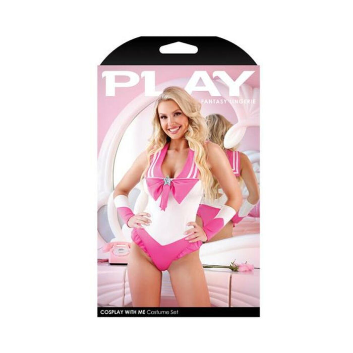 Play Cosplay With Me Sailor Costume Bodysuit With Snap Closure & Matching Arm Bands S/m Pink