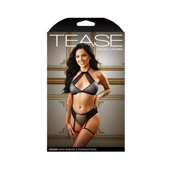 Tease Logan Halter Bralette & Panty With Detachable Leg Garters Black L/xl