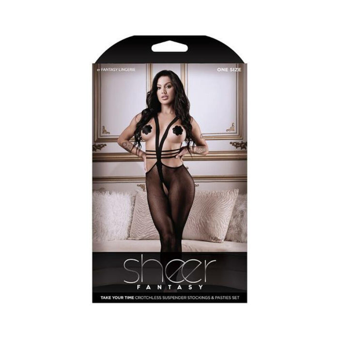 Sheer Take Your Time Crotchless Suspender Stockings & Flower Pasties Set Black O/s