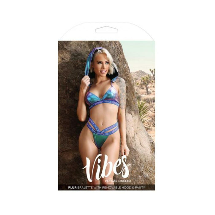 Fantasy Lingerie Vibes Plur Holographic Bralette With Removable Hood & Panty Aqua Holo L/xl