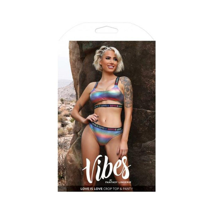 Fantasy Lingerie Vibes Love Is Love Underboob Cut Out Top & Cheeky Panty Rainbow Holo L/xl