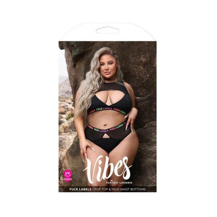 Fantasy Lingerie Vibes Fuck Labels Keyhole Top & High Waist Bottoms With Uv Reactive Elastic Black Q