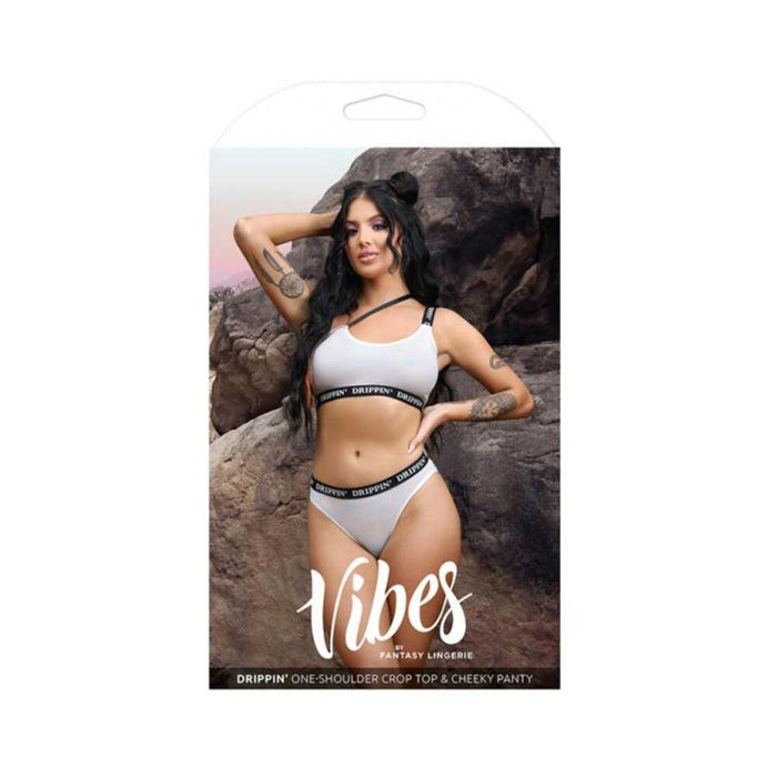 Fantasy Lingerie Vibes Drippin' Iridescent Strappy One-shoulder Top & Cheeky Panty Pearl White L/xl