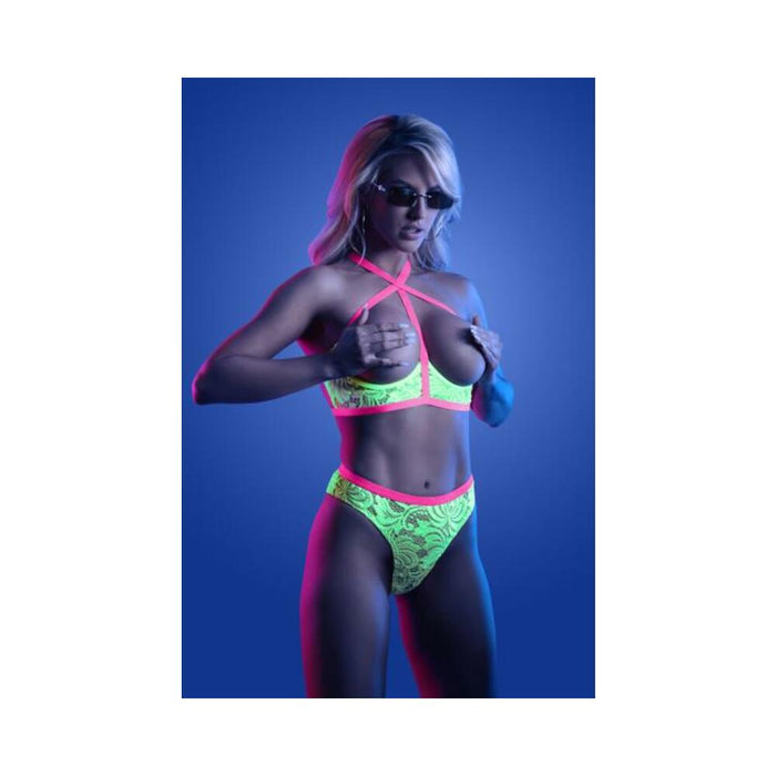 Fantasy Lingerie Glow Persuasive Contrast Elastic Open Cup Lace Cage Bra & Panty Neon Green L/xl