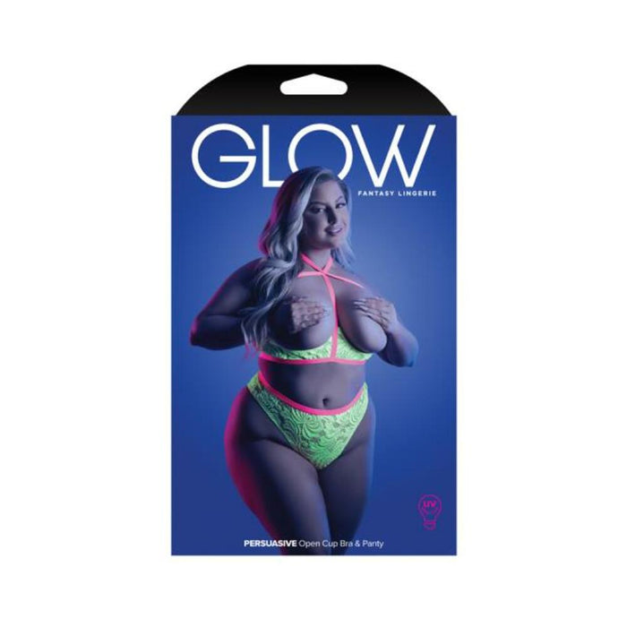 Fantasy Lingerie Glow Persuasive Contrast Elastic Open Cup Lace Cage Bra & Panty Neon Green Queen Si