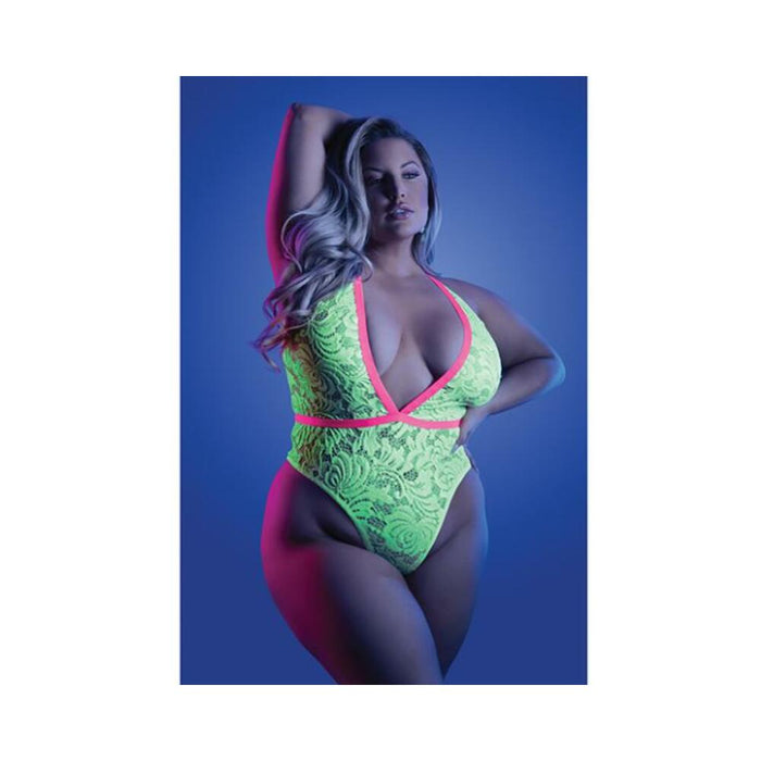 Fantasy Lingerie Glow Spotlight Contrast Elastic Lace Teddy With Snap Closure Neon Green Queen Size