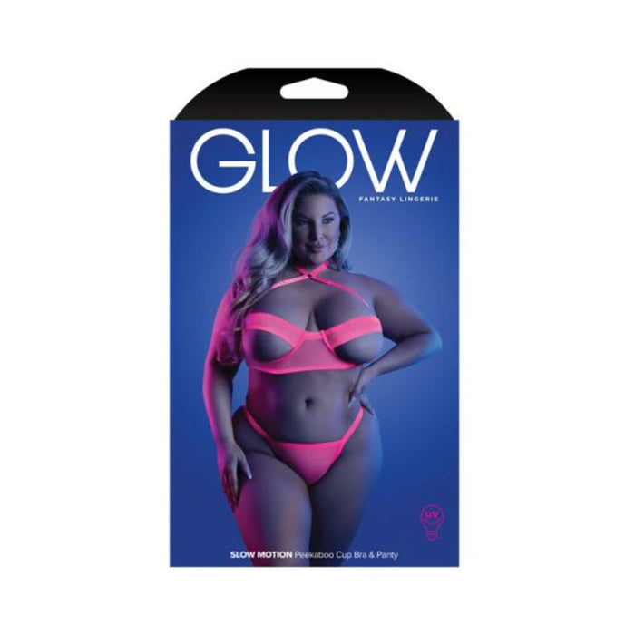 Fantasy Lingerie Glow Slow Motion Peek-a-boo Bra & Panty Neon Pink Queen Size