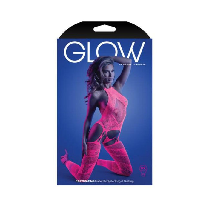 Fantasy Lingerie Glow Captivating High Neck Halter Bodystocking & G-string Set Neon Pink O/s