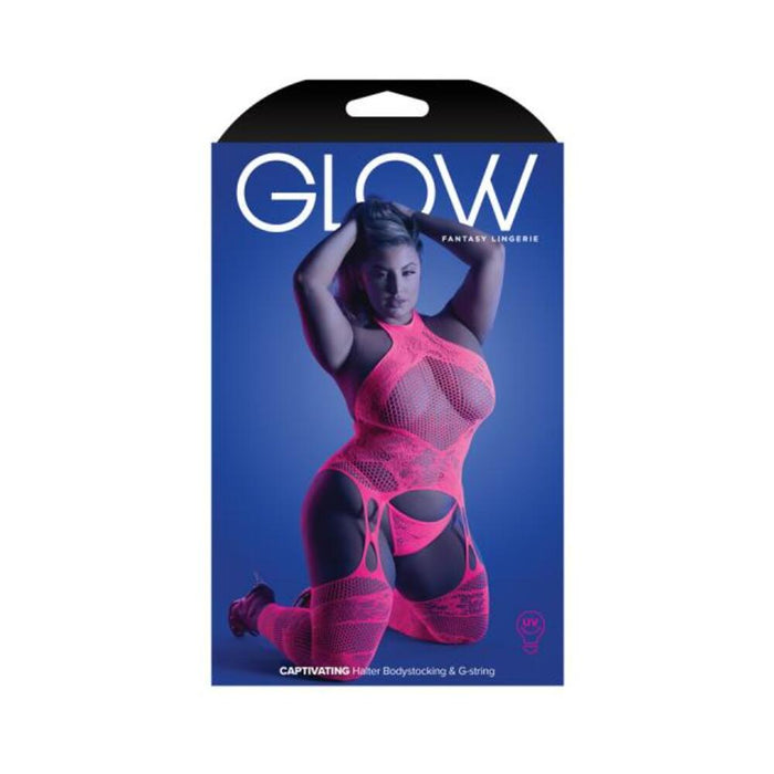 Fantasy Lingerie Glow Captivating High Neck Halter Bodystocking & G-string Set Neon Pink Queen Size