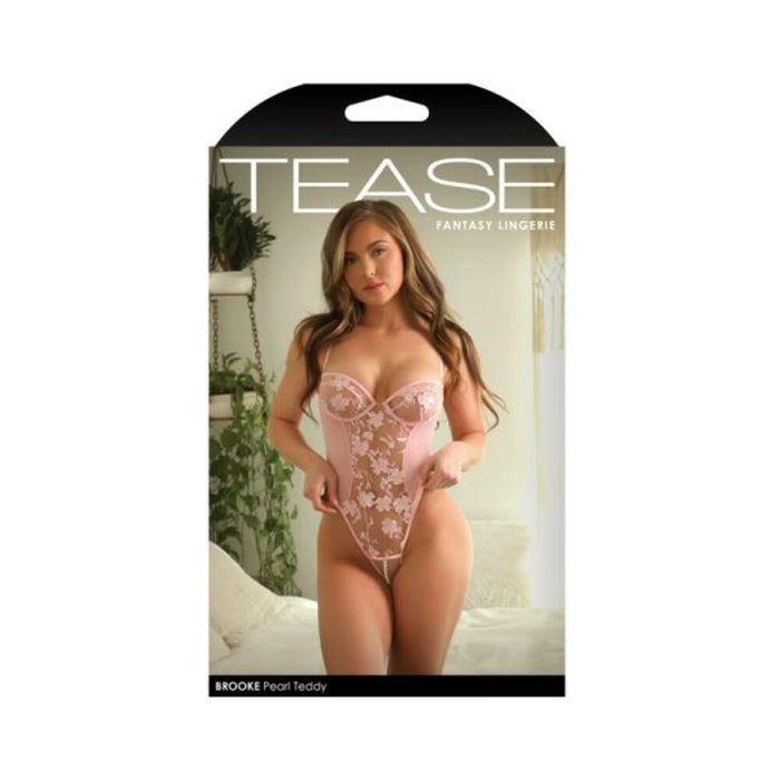 Fantasy Lingerie Tease Brooke Embroidered Crotchless Pearl Teddy Light Pink L/xl