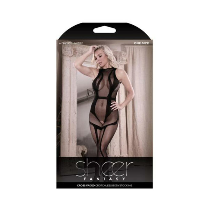 Fantasy Lingerie Sheer Cross Faded High Neck Crotchless Bodystocking Black O/s