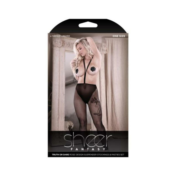 Fantasy Lingerie Sheer Truth Or Dare Rose Design Suspender Stockings & Rose Pasties Set Black O/s