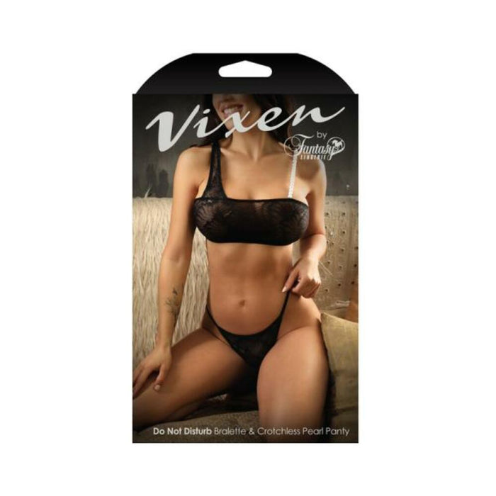 Fantasy Lingerie Vixen Do Not Disturb Pearl Bralette & Crotchless Pearl Thong Black L/xl