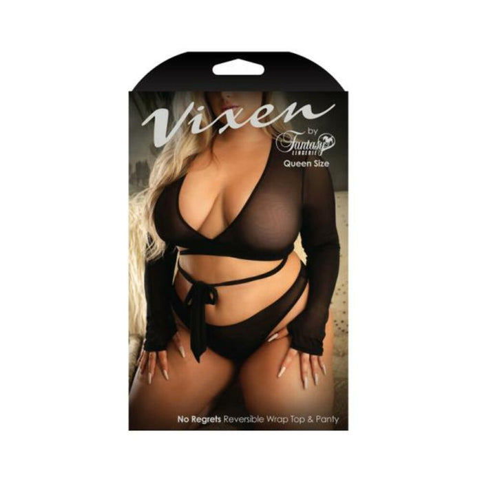 Fantasy Lingerie Vixen No Regrets Reversible Longsleeve Wrap Top & Thong Panty Black Queen Size