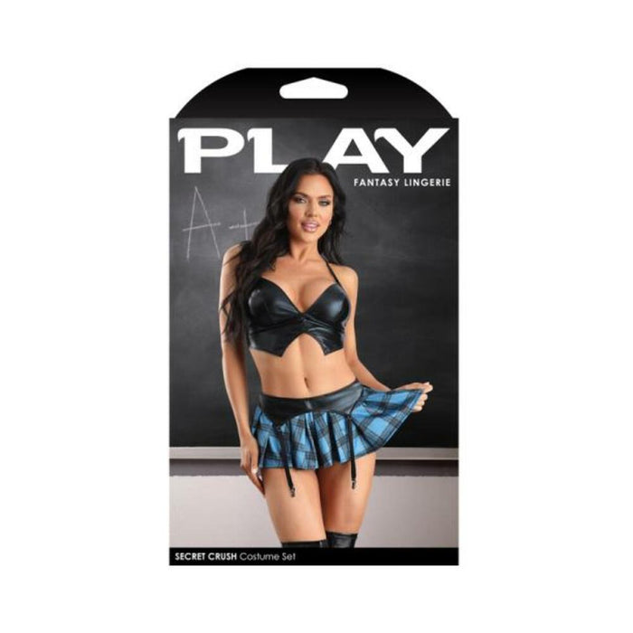 Fantasy Lingerie Play Secret Crush Wetlook Bralette, Gartered Plaid Skirt & G-string Panty Costume S