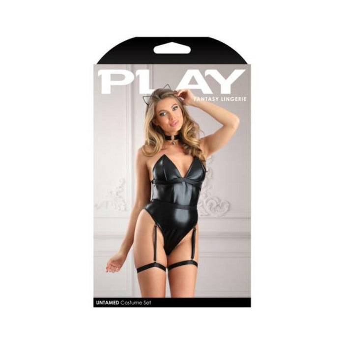 Fantasy Lingerie Play Untamed Structured Wetlook Teddy With Snap Closure, Removable Leg Garters & He