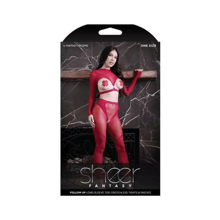 Fantasy Lingerie Sheer Follow Up Longsleeve Open Top, Crotchless Tights & 1 Pair Of Pasties Red O/s