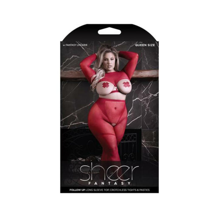 Fantasy Lingerie Sheer Follow Up Longsleeve Open Top, Crotchless Tights & 1 Pair Of Pasties Red Quee