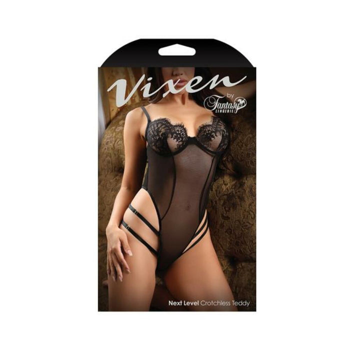 Fantasy Lingerie Vixen Next Level Strappy Crotchless Teddy With Lace Underwire Cups Black O/s