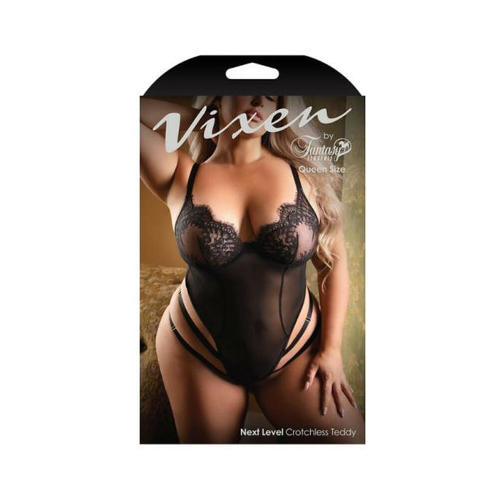 Fantasy Lingerie Vixen Next Level Strappy Crotchless Teddy With Lace Underwire Cups Black Queen Size