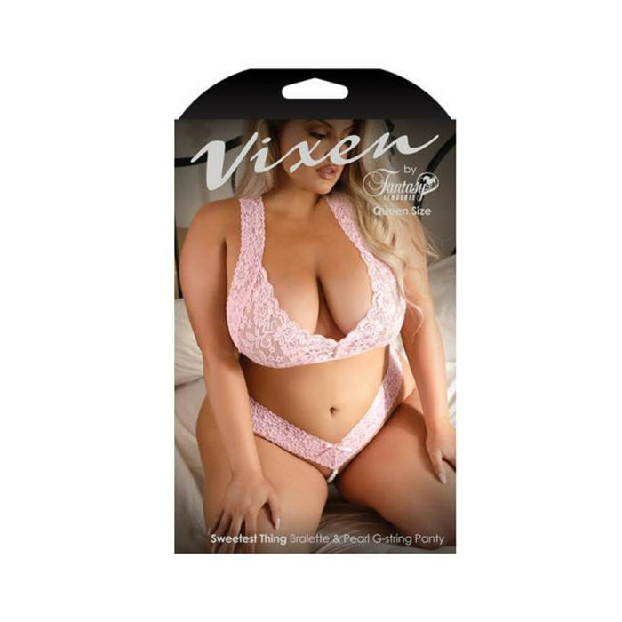 Fantasy Lingerie Vixen Sweetest Thing Lace Bralette & Pearl G-string Panty Pink Queen Size