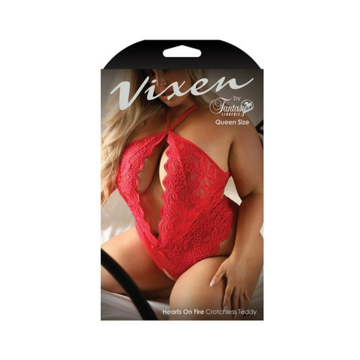 Fantasy Lingerie Vixen Hearts On Fire Crotchless Lace Teddy With Open Pearl Draped Back Red Queen Si