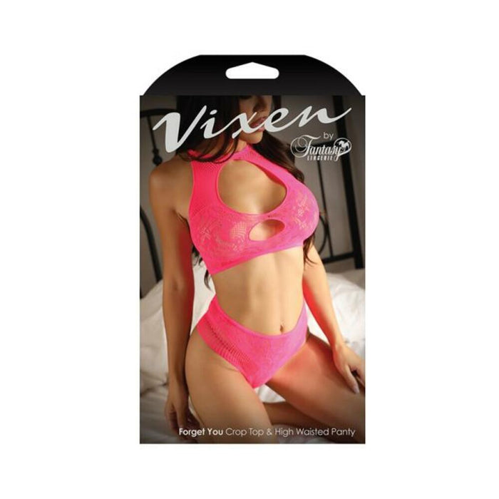 Fantasy Lingerie Vixen Forget You Seamless Lace Crop Top & High Waisted Panty Pink O/s