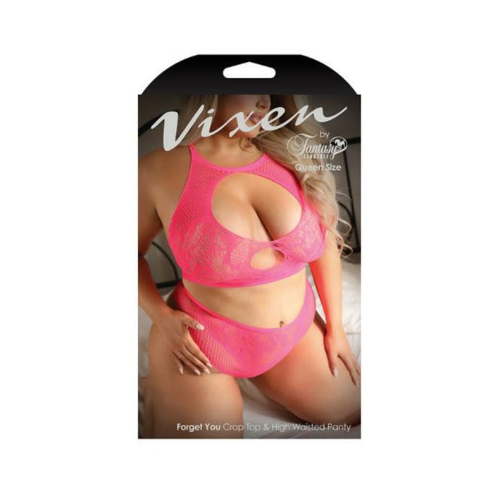 Fantasy Lingerie Vixen Forget You Seamless Lace Crop Top & High Waisted Panty Pink Queen Size