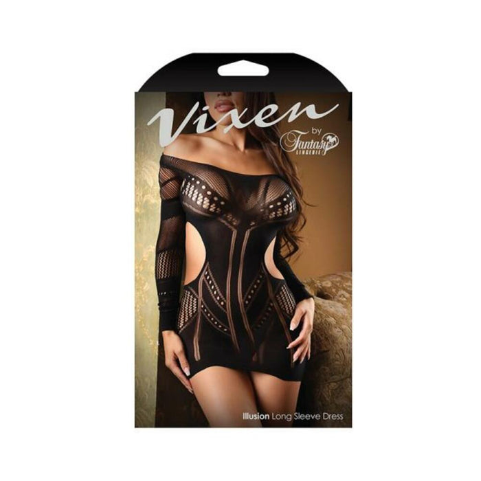 Fantasy Lingerie Vixen Illusion Longsleeve Seamless Dress Black O/s