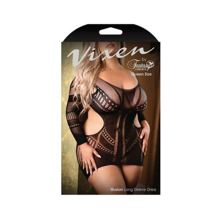 Fantasy Lingerie Vixen Illusion Longsleeve Seamless Dress Black Queen Size