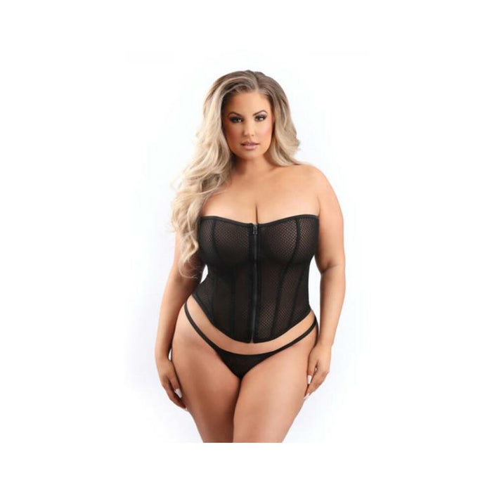 Fantasy Lingerie Mesh Corset With Zipper Front And G-string Xl